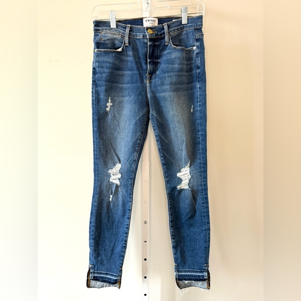 FRAME Le High Skinny Jeans Distressed Indigo Wash Size 28 Designer Denim